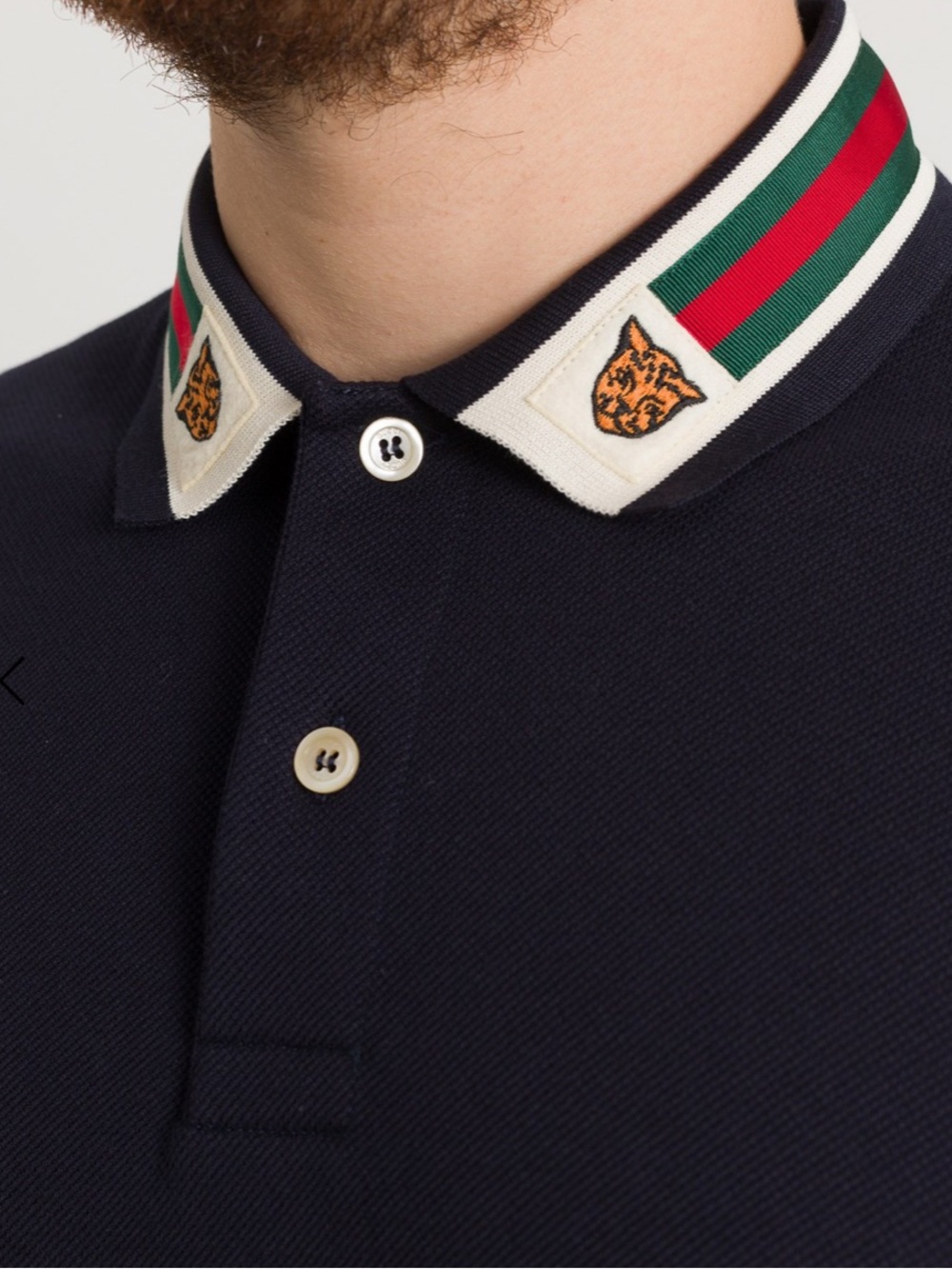 Gucci Navy Polo with Web and Tiger Collar Patches